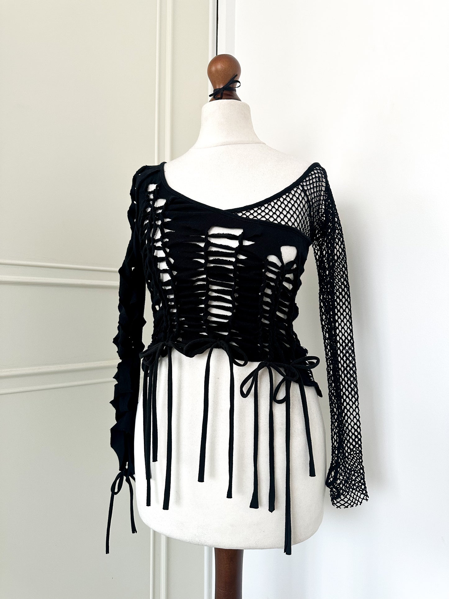 ‘Spider web’ asymmetrical long sleeve top