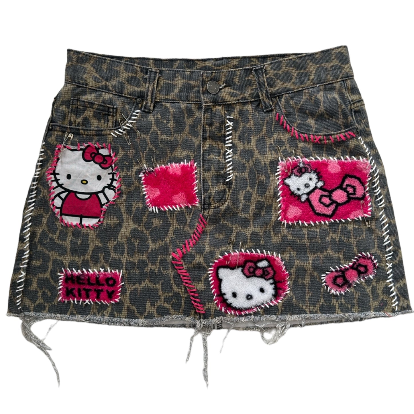 Hello Kitty denim leopard print patch work skirt