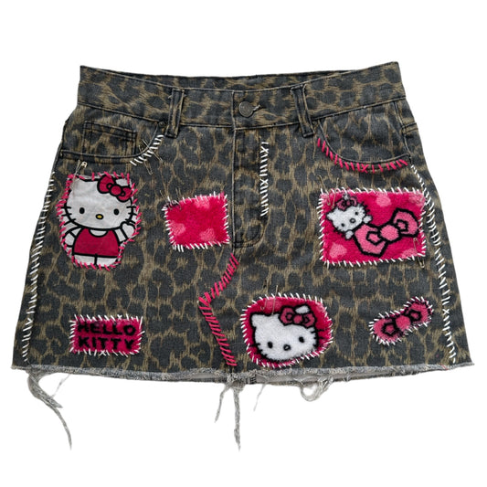 Hello Kitty denim leopard print patch work skirt