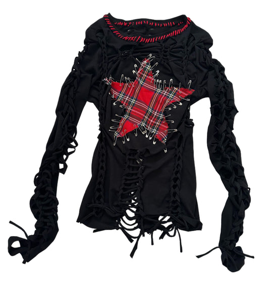 Plaid star open cut out safety pin top